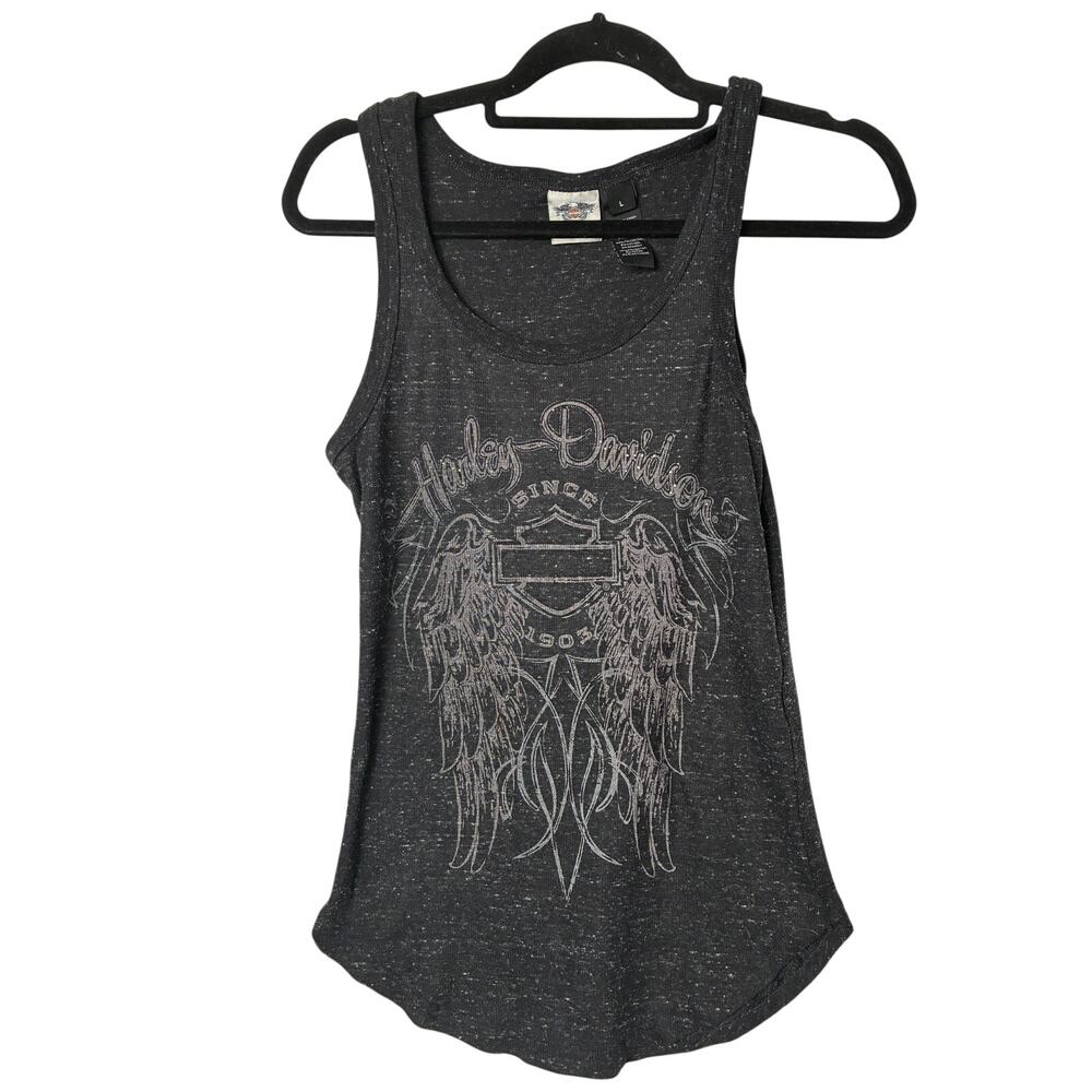 Harley Davidson Ribbed Tank Top Womens Large Black Wings Rhinestone Moto Biker